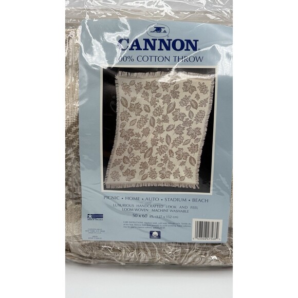 Vtg Cannon Cotton Throw Blanket 50x60in Beige Leaves Nature NOS Woven USA - Picture 5 of 12